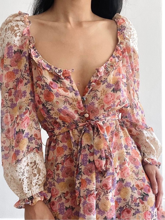 For Love And Lemons Dresses & Skirts - For Love & Lemons Pastel Floral Chiffon Dress in Peach, Pink & Lavender